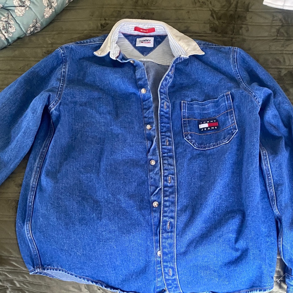 Tommy Hilfiger Blue Denim Shirt Jacket with Cream Corduroy Collar